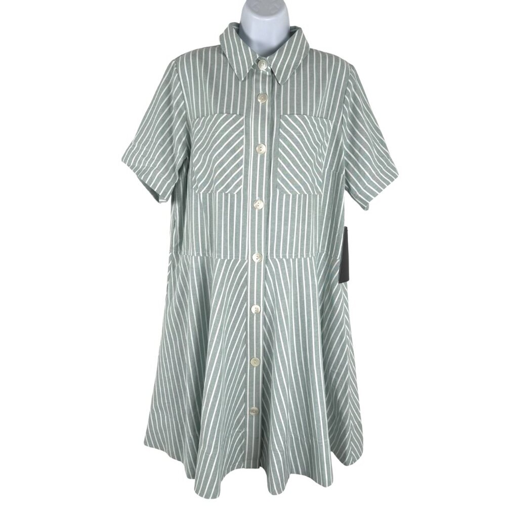Tuckernuck Sage Green and White Striped Button-Front Shirt Dress
